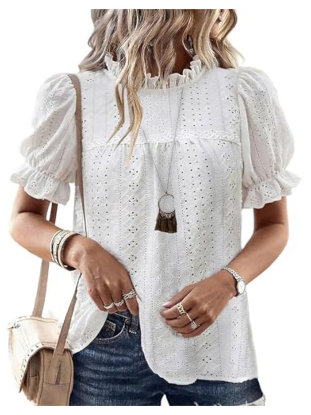 Eyelet Embroidered Mock Neck Puff Sleeve Blouse Casual Summer Pullover Top
